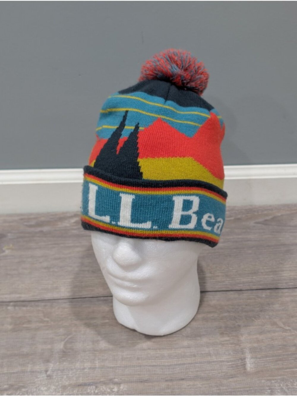 LL Bean Katahdin Beanie Hat Knit Pom Outsider Mountain Scene Blue Coral One Sz